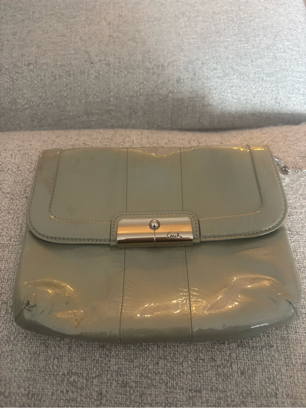 Coach Sage Green Patent Leather Wristlet Clutch with Silver-Tone Closure